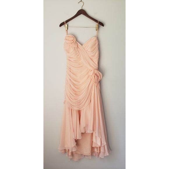 Vintage 80s Pink Pleated Ruched Formal High Low Midi Dress with Rose Detail - Picture 4 of 16